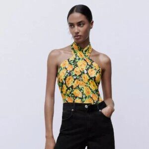 Zara Cross Front Halter Bodysuit Yellow Roses Floral Print NEW Size S